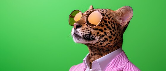 Obraz premium Animal fashion cool lifestyle Stylish leopard in pink jacket and sunglasses on vibrant green background, exuding coolness.
