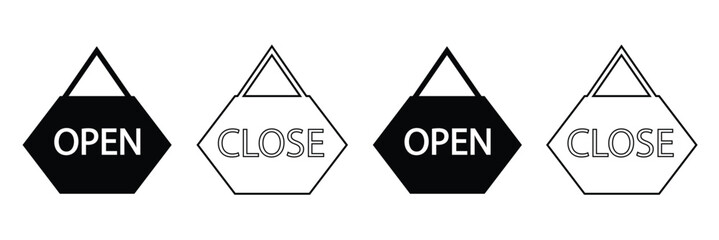 open and close icon set. open and close hanger board icons on transparent background. open close sign on wooden board. open and close board symbol hanging in shop, restaurant, vector illustration .