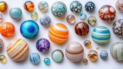 Fototapeta premium This stunning arrangement features colorful decorative marbles showcasing unique patterns and textures on a clean white surface, perfect for art and design concepts
