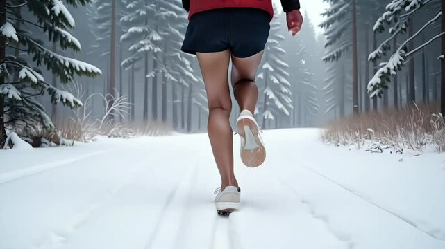 Athletic Female Legs Running Energetically Through Fresh Snow Against Serene Winter Forest Background