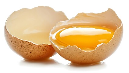Cracked chicken egg with yolk isolated on a white background.