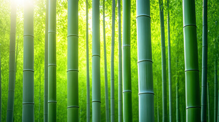 Fototapeta premium Lush bamboo forest with vibrant green stalks illuminated by soft sunlight.