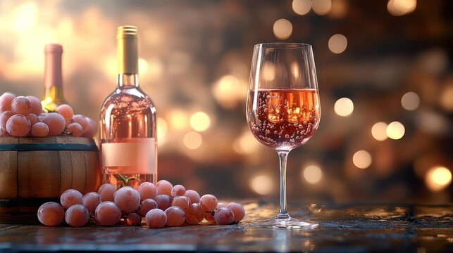 A glass of rose wine with a bottle and grapes on the table.