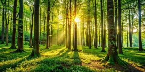 Obraz premium Slender Summer Trees, Young Green Forest, Candid Nature Photography, Lush Foliage, Sunlight Dappled