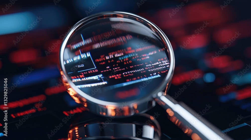 Poster close-up of magnifying glass over digital code display on screen