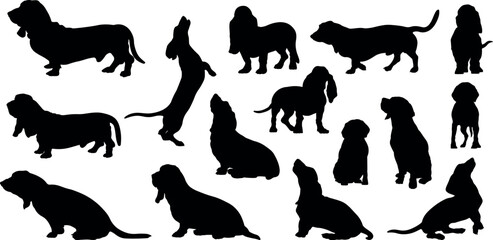 Basset hound dog silhouette vector illustration set