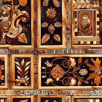 Mosaic of various designs and patterns, including flowers and leaves