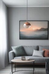 Modern living room with sunset artwork, grey sofa, and copper pendant light.