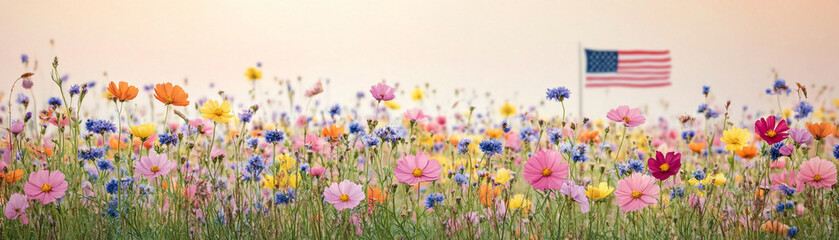 Obraz premium Vibrant wildflowers bloom with an American flag waving in the background.