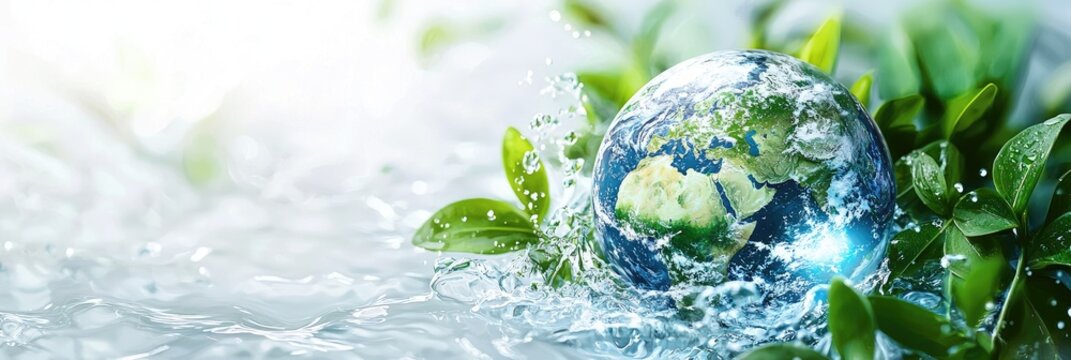 Earth surrounded by water ripples and fresh green leaves, symbolizing sustainability and conservation. Ideal for World Water Day banners, eco campaigns, and environmental awareness