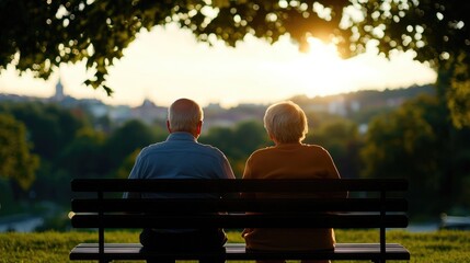 Elderly Couple Enjoying Sunset Together in Peaceful Outdoor Setting