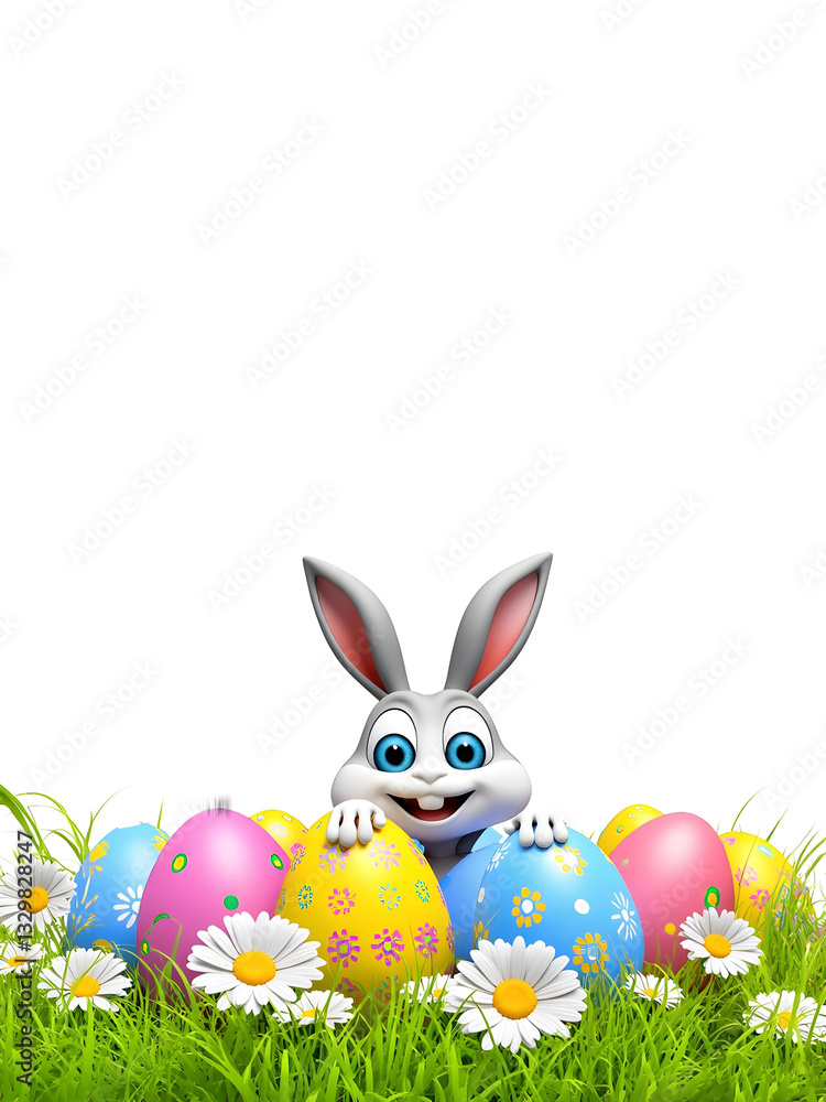 Aufkleber a charming easter bunny holds a decorated egg amidst a colorful array of eggs and daisies