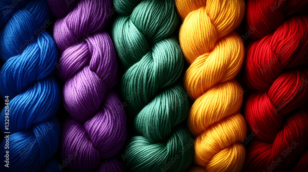 Poster stunning rainbow colored yarn displaying a rich array of interwoven lines and threads merging togeth