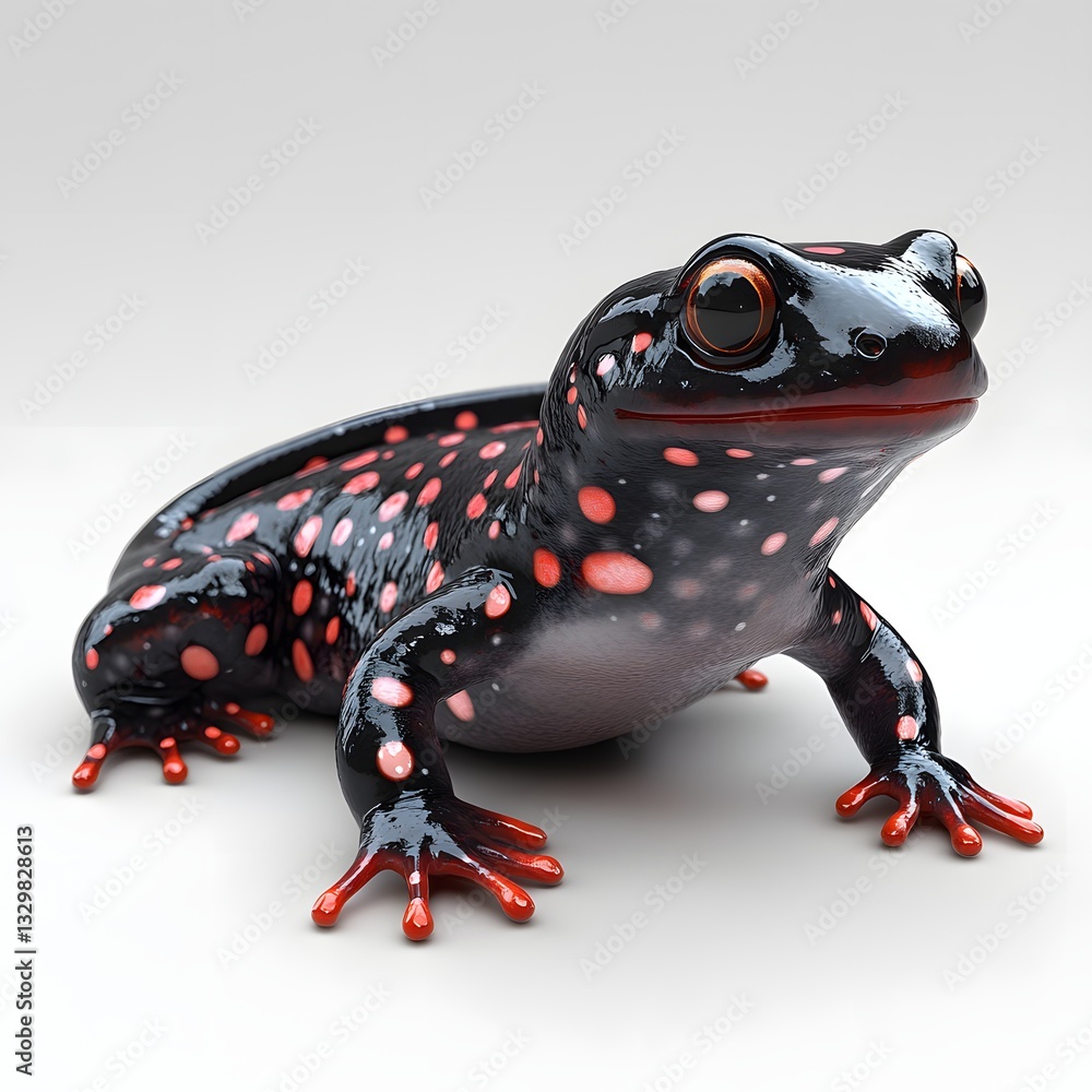 Poster a captivating digital rendering of a black frog with vibrant red spots. the glossy finish and detail