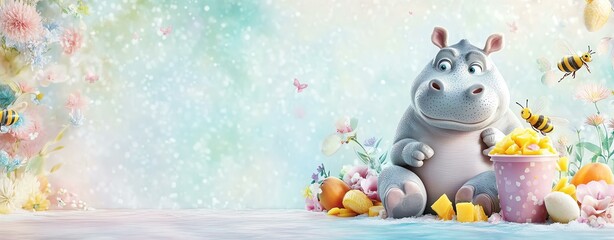 Cute hippo surrounded by flowers and bees, Mango sticky rice.