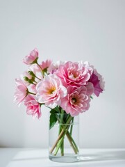 Fototapeta premium Pink and White Blooms in a Simple Glass Vase, Illuminated by Soft, Diffused Light