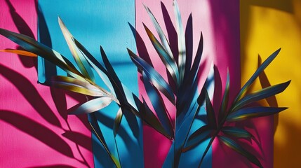 Colorful background, tropical leaves, sunlight, shadow, vibrant