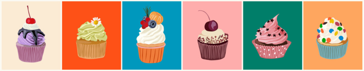 Set of cupcakes. Delicious pastries with vanilla, chocolate, whipped cream, berries, fruits. Sweet sugar desserts. Colored vector illustration isolated on colorful background.
