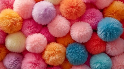 Colorful fluffy pom-poms background texture.