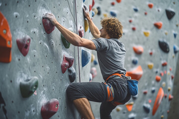 Fototapeta premium Strong male climber indoor rock climbing wall exercise man gym grey grit sport power focus hobby