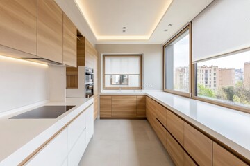 Wooden blinds on large windows, sunlight. Elegant living room interior with houseplants, wood blinds. Motorized jalousie in the smart house. Modern window shutters, roller. Duo system day and night.