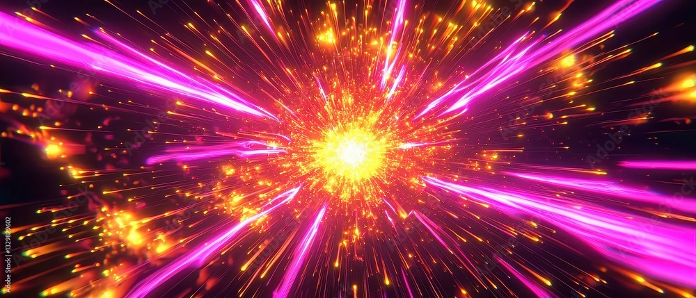 Poster magenta sunburst vortex, an explosive display of neon magenta and golden yellow rays radiating from 