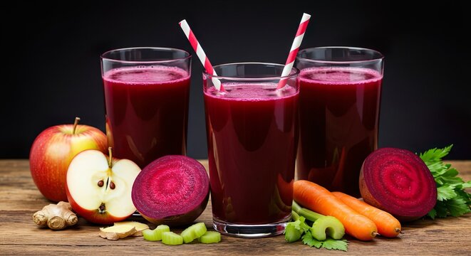 Beet juice in different variations: with apple, ginger, carrot, celery. - Powered by Adobe