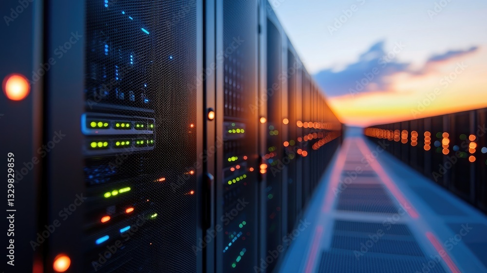 Poster modern data center at sunset with server racks and leds