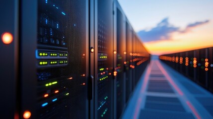 Fototapeta premium Modern Data Center at Sunset with Server Racks and LEDs