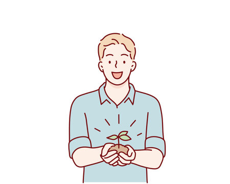 A man holding soil with sprouting seedlings in his hands. Hand drawn style vector design illustrations.