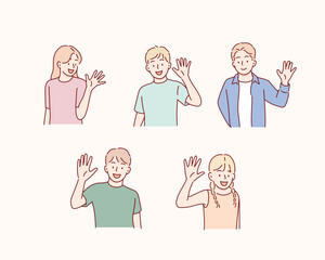 Happy children, joyful boys and girls greeting, waving with hand, hi gesture. Cute excited smiling school kids, positive expression, emotion, set.Hand drawn style vector design illustrations.