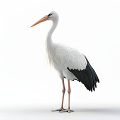 Obraz premium A majestic white stork stands elegantly against a pure white background. Its long neck and striking black and white plumage make for a beautiful sight.. Detailed Animal isolated on white background