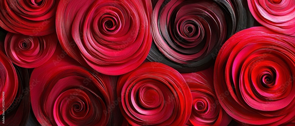 Poster neon cherry swirls, vibrant spirals of cherry red and deep rose blend softly into a textured black b
