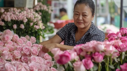 Florist carefully makes a bouquet of pink roses in the flower shop.