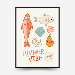 Abstract childlike summer vibe posters template. Modern trendy minimal style. Hand drawn Rounded design for wallpaper, wall decor, print, postcard, cover, template, banner.