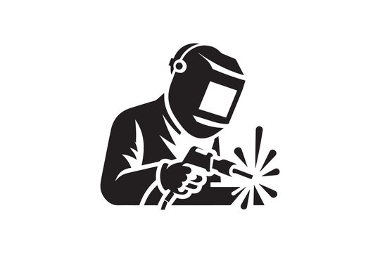 welder man silhouette vector illustration in black and white, set against a white background