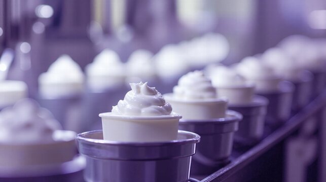 Soft serve ice cream production line in pastel tones for food industry and manufacturing insights