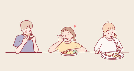 Cute kids students having lunch together. Hand drawn style vector design illustrations.