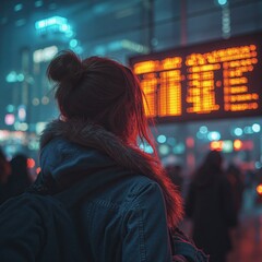 Urban night journey: woman at train station with glowing departure board in vibrant cityscape