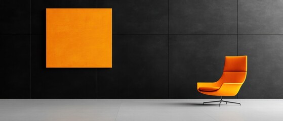 Modern Minimalist Interior Design: Orange Accent Chair and Artwork Against a Dark Wall