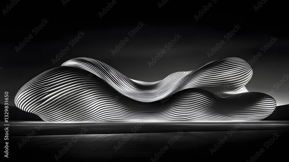 Poster striking wave sculpture in the dark featuring iterative line designs layered over paper creating a d
