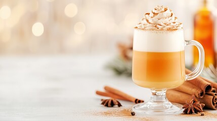 Glass with a handle on a stem with a lamina of white airy foam sprinkled with spices on top.