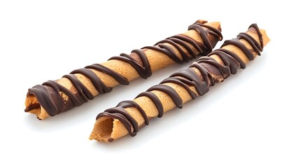 Crunchy wafer roll covered in chocolate on white background