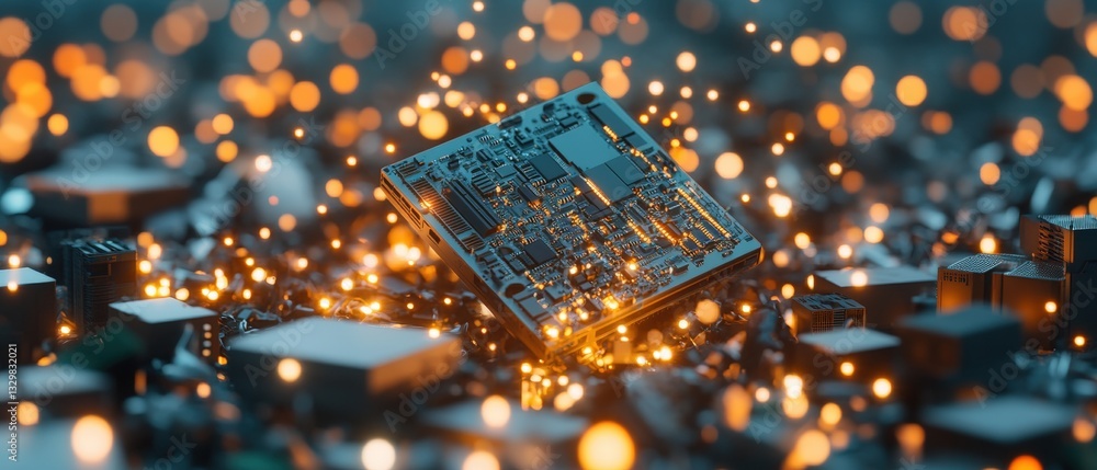 Aufkleber circuit board surrounded by small pieces of circuitry indicating challenges in recycling computer ha