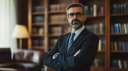 Fototapeta premium Confident lawyer in a suit exudes professionalism and authority in a modern office setting.