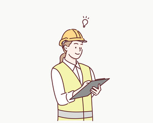 female architect engineer worker standing write business note on paper at clipboard wearing safety helmet. Hand drawn style vector design illustrations.