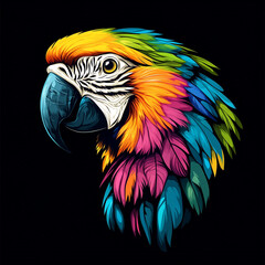 Fototapeta premium Vibrant digital illustration of a macaw head with bold colors and stylized features against a black background.