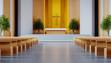 Fototapeta premium A serene interior of a modern church with wooden pews and a golden altar.