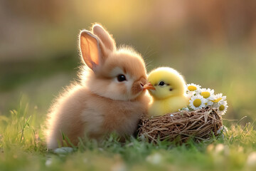 cute baby bunny and chick in the grass, kissing each other, easter-themed with daisies and wildflowers