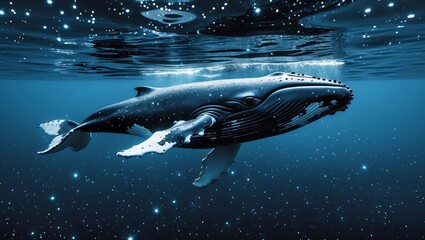Fototapeta premium Humpback whale gracefully swimming beneath the surface of a tranquil ocean during a sunny day